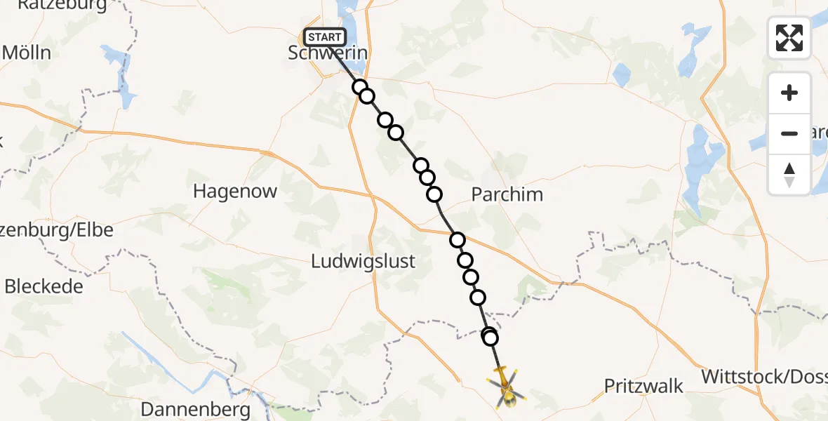 Flugroute Rettungshubschrauber Schwerin - Karstädt, 27 Juni 2026, 09:03