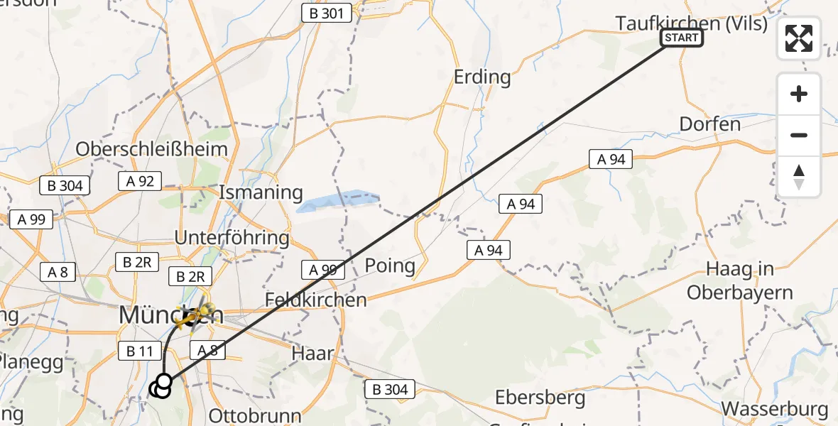 Flugroute Rettungshubschrauber Taufkirchen (Vils) - Rechts der Isar University Hospital, 27 Juni 2026, 09:05