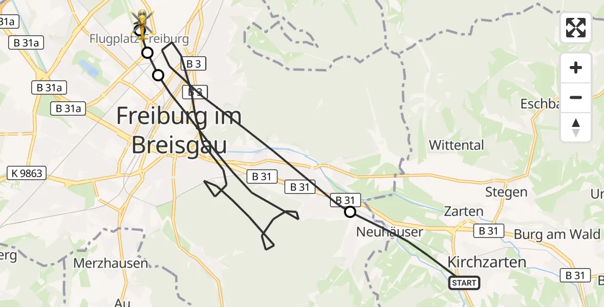 Flugroute Ambulanzhubschrauber Kirchzarten - Freiburg im Breisgau Flugplatz, 27 Juni 2026, 09:13