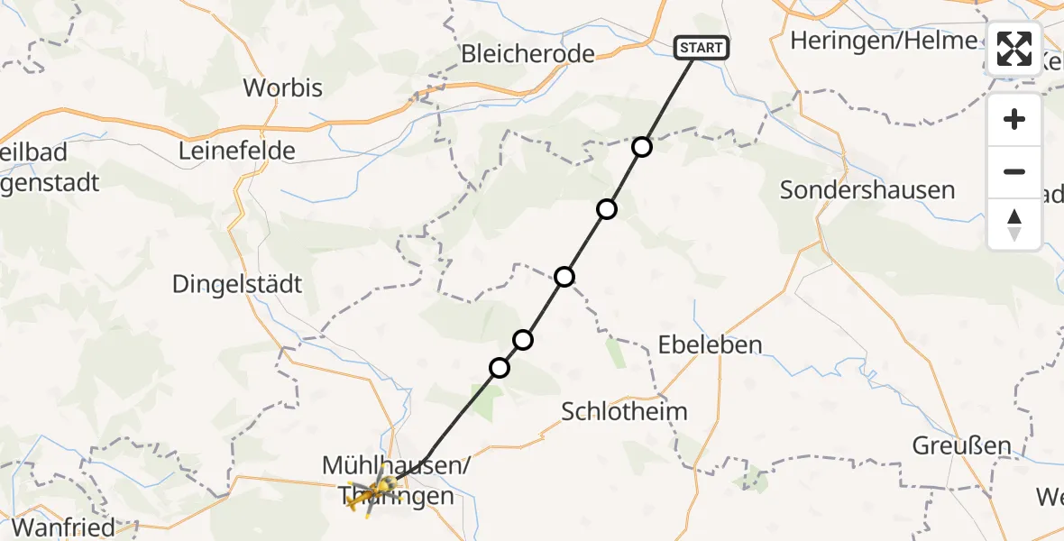 Flugroute Rettungshubschrauber Bleicherode - Mühlhausen/Thüringen, 27 Juni 2026, 09:16