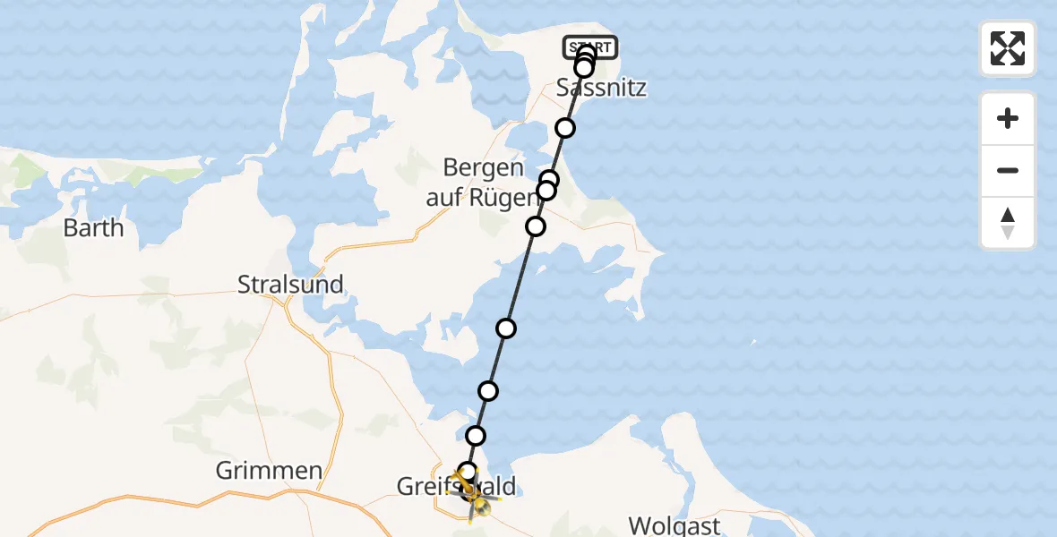 Flugroute Rettungshubschrauber Sassnitz - Greifswald Hospital, 27 Juni 2026, 09:17