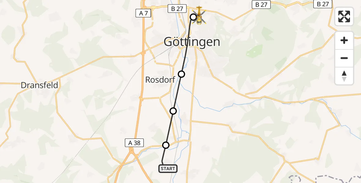 Flugroute Rettungshubschrauber Friedland - Göttingen University Clinic Hubschrauberlandeplatz, 27 Juni 2026, 09:21