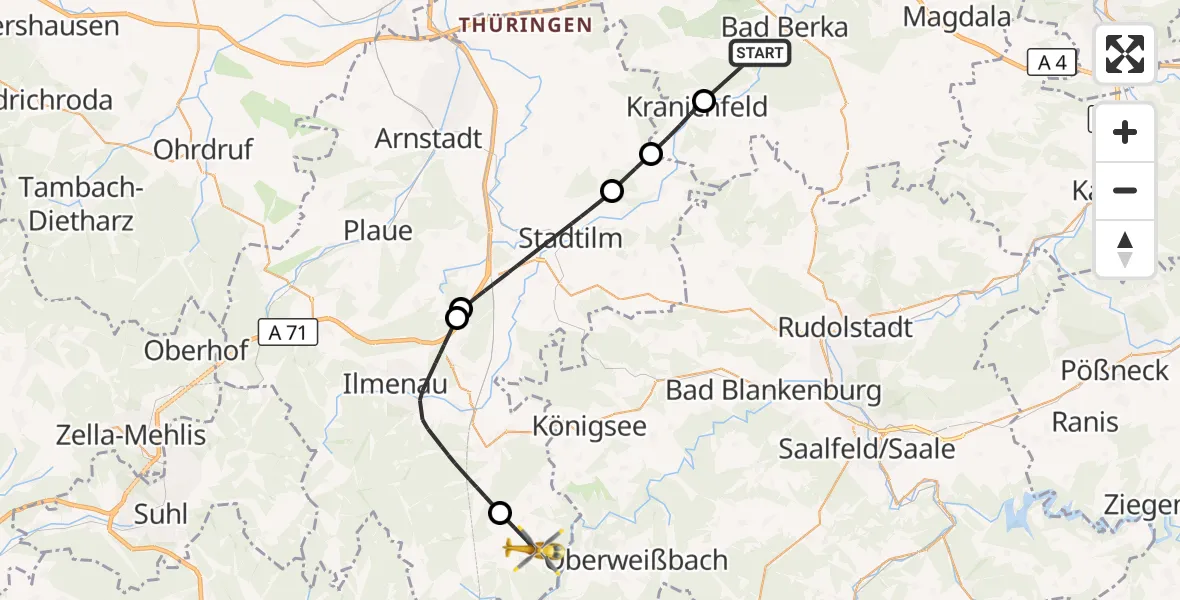 Flugroute Rettungshubschrauber DRF Rettungsstation Bad Berka Hubschrauberlandeplatz - Großbreitenbach, 27 Juni 2026, 09:22
