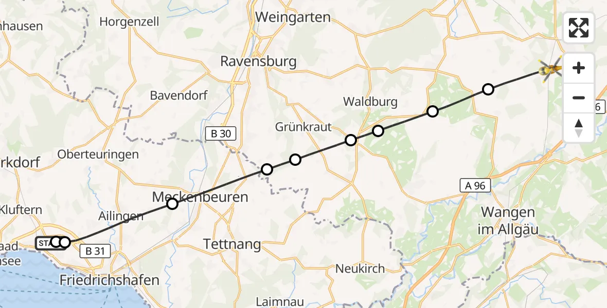 Flugroute Rettungshubschrauber Friedrichshafen Hospital - Kißlegg, 27 Juni 2026, 09:23