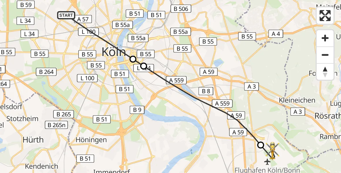 Flugroute Ambulanzhubschrauber Köln - Köln Bonn Flughafen, 27 Juni 2026, 09:24