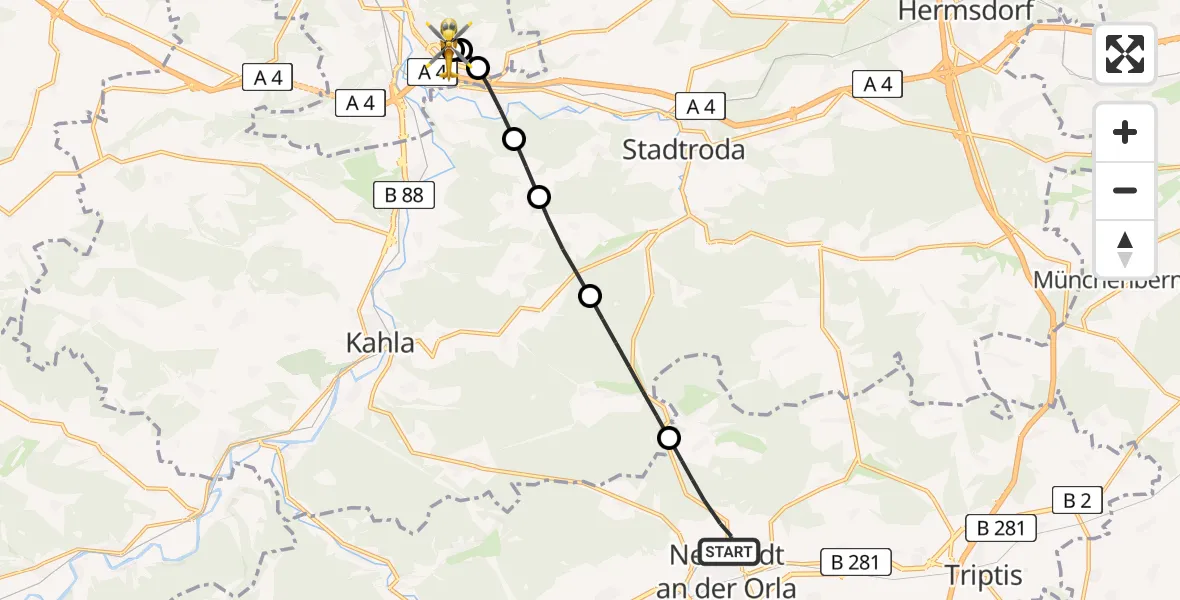 Flugroute Ambulanzhubschrauber Neustadt an der Orla - Jena University Hospital, 27 Juni 2026, 09:24