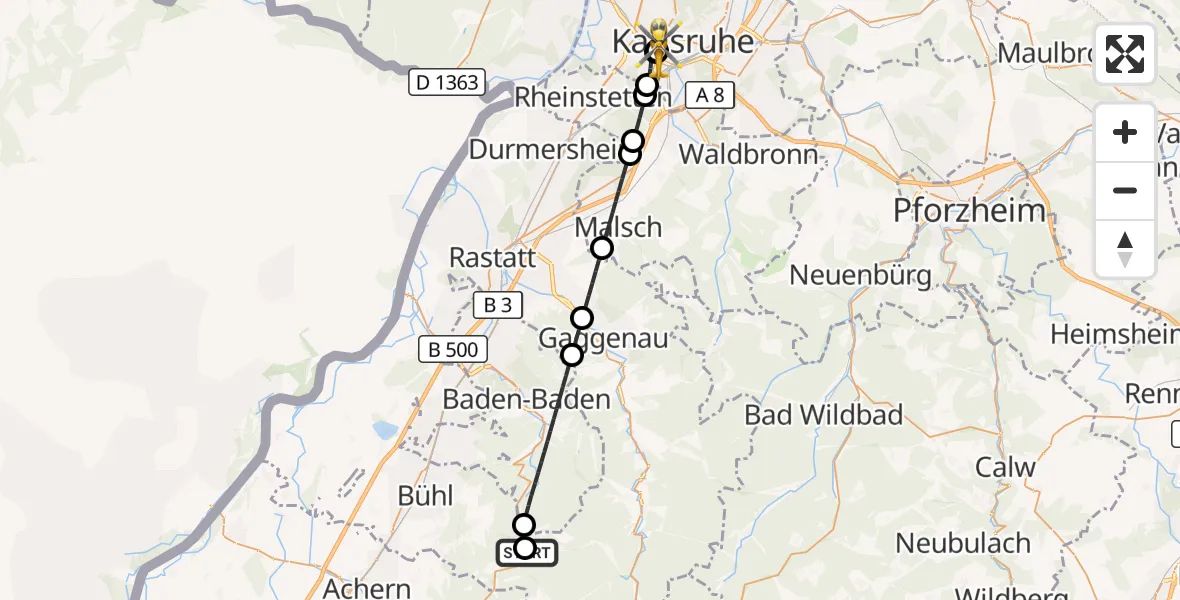 Flugroute Ambulanzhubschrauber Forbach - Sankt Vincentius Hospital, 27 Juni 2026, 09:28