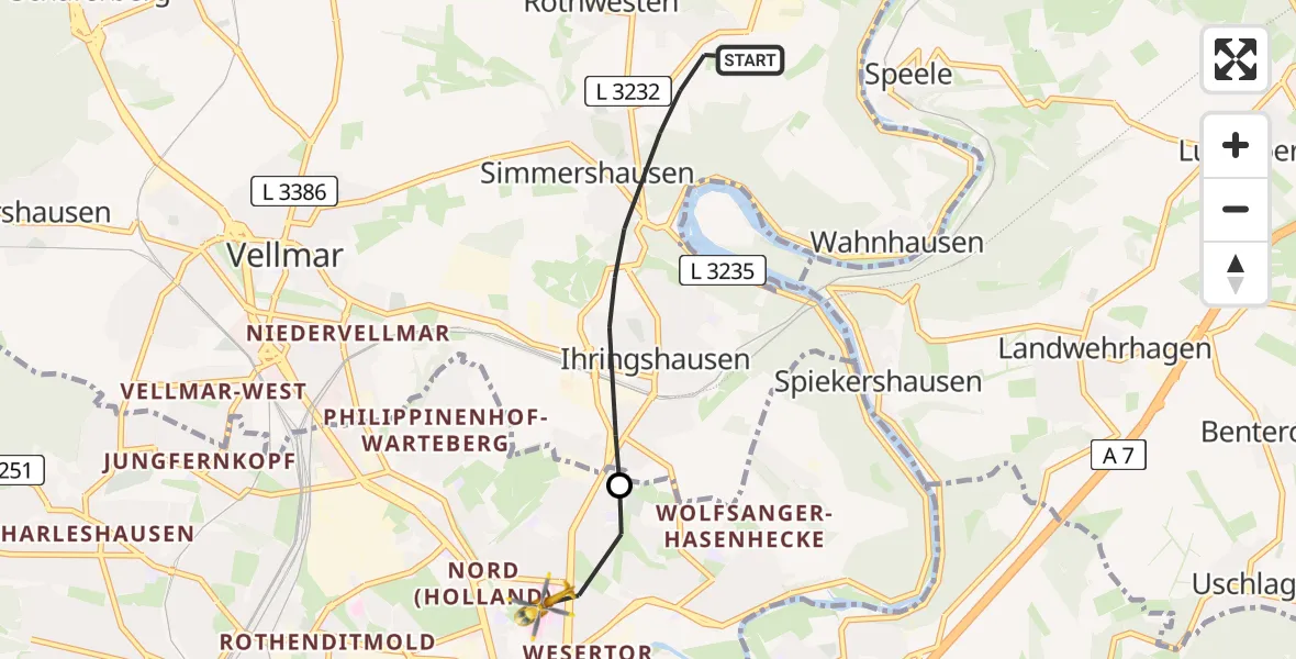 Flugroute Rettungshubschrauber Fuldatal - Kassel, 27 Juni 2026, 09:32