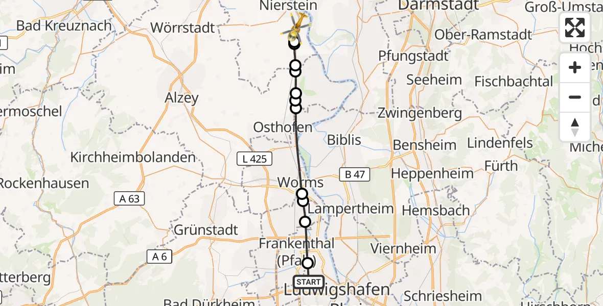 Flugroute Rettungshubschrauber Ludwigshafen am Rhein - Dienheim, 27 Juni 2026, 09:33