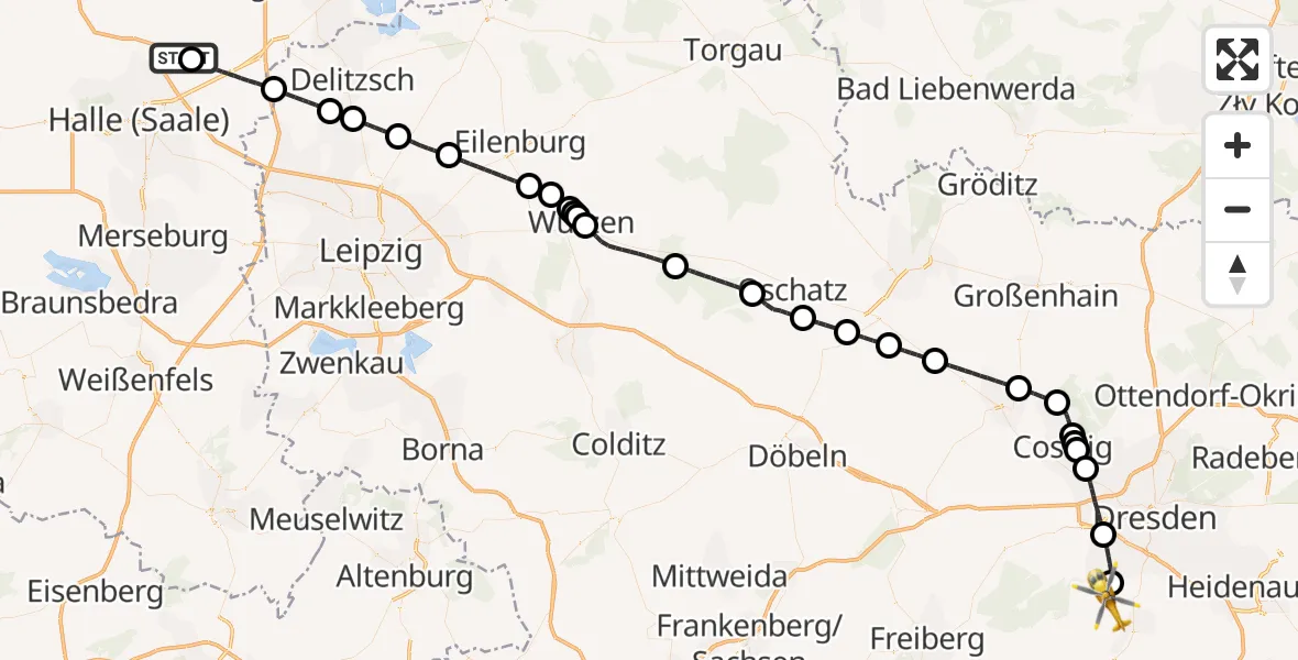 Flugroute Rettungshubschrauber Halle-Oppin Flugplatz - Rabenau, 27 Juni 2026, 09:34