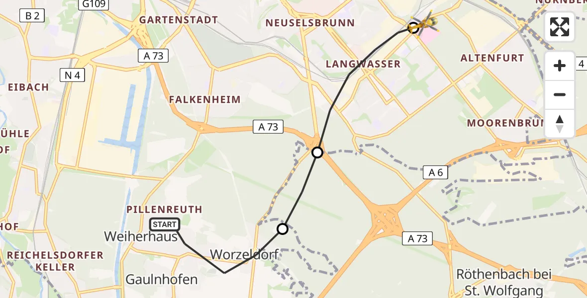 Flugroute Rettungshubschrauber Nürnberg - Nürnberg South Hospital, 27 Juni 2026, 09:41