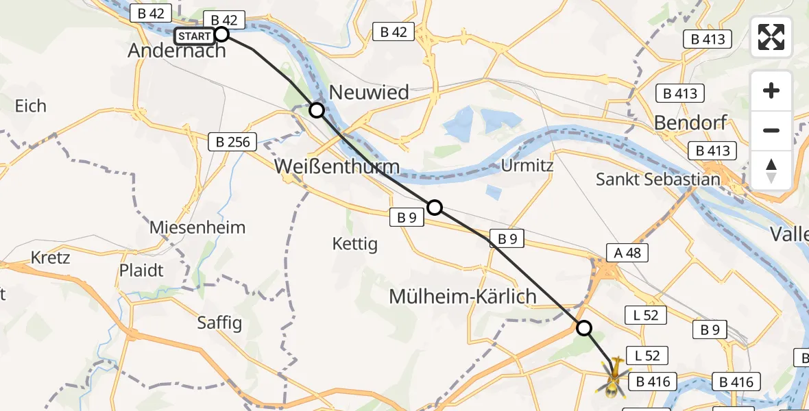 Flugroute Rettungshubschrauber Sankt-Nikolaus Diocesan Hospital - Koblenz, 27 Juni 2026, 09:41