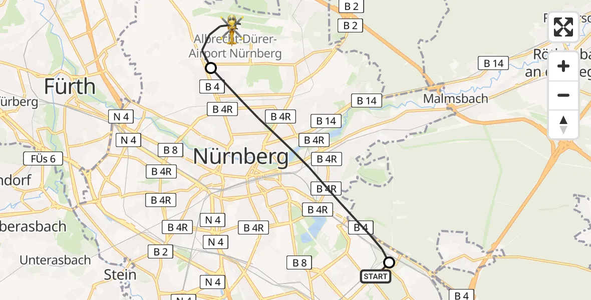 Flugroute Rettungshubschrauber Nürnberg South Hospital - Flughafen Nuremberg, 27 Juni 2026, 09:46