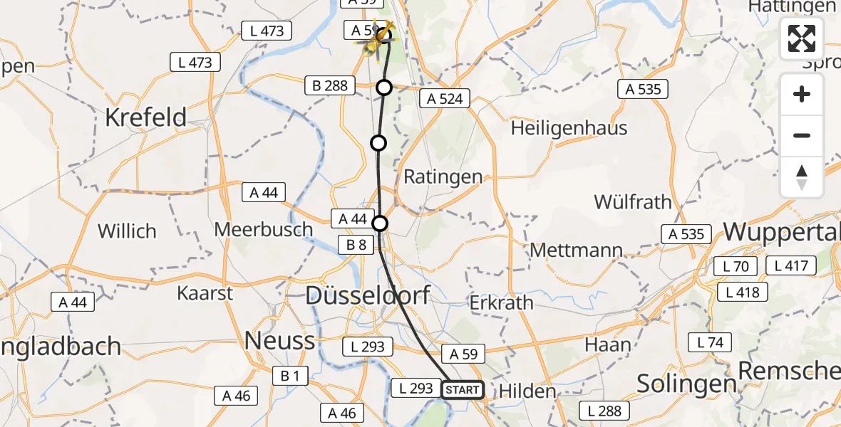 Flugroute Rettungshubschrauber Düsseldorf - Duisburg Air Rescue Hubschrauberlandeplatz (Christoph 9), 27 Juni 2026, 09:46