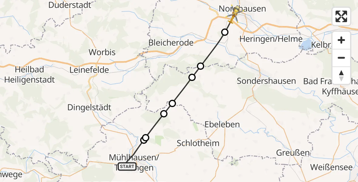 Flugroute Rettungshubschrauber Mühlhausen/Thüringen - Nordhausen, 27 Juni 2026, 09:54
