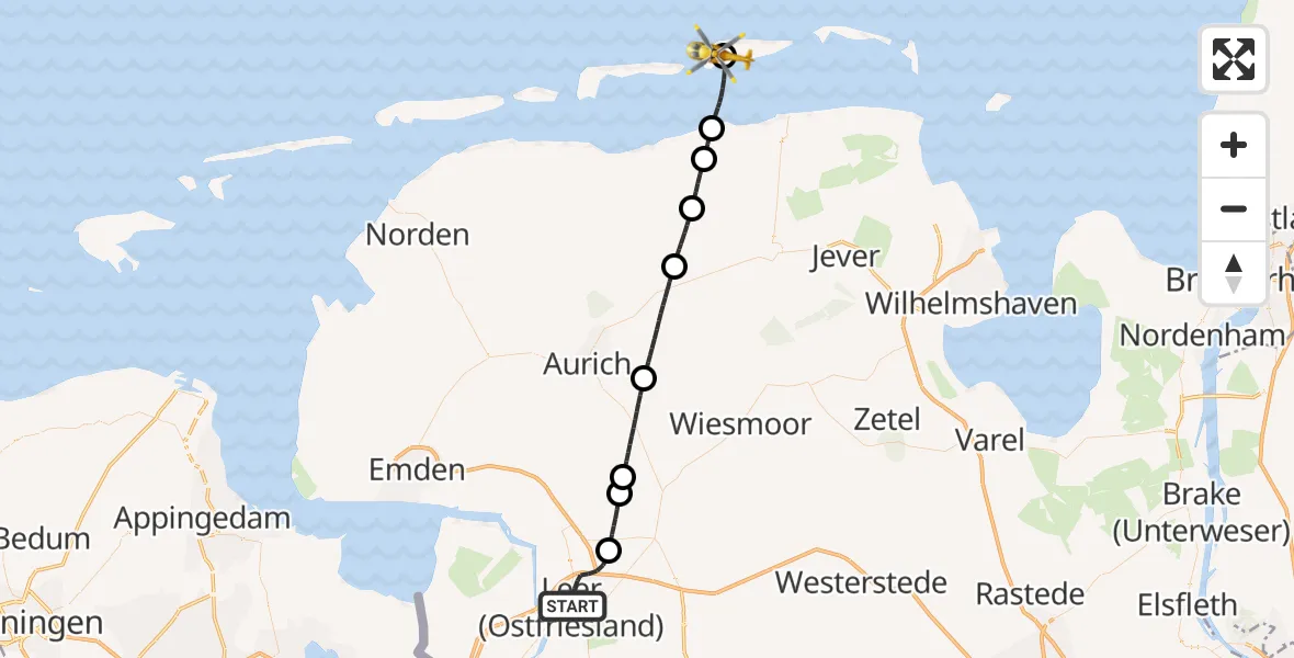 Flugroute Ambulanzhubschrauber Leer (Ostfriesland) - Spiekeroog Notfall-Hubschrauberlandeplatz, 27 Juni 2026, 09:59