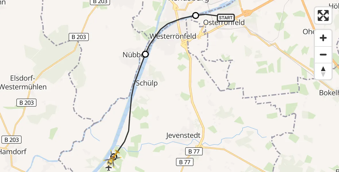 Flugroute Ambulanzhubschrauber Osterrönfeld - Rendsburg-Schachtholm Flugplatz, 27 Juni 2026, 10:02