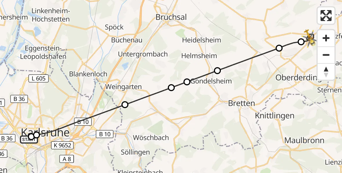 Flugroute Ambulanzhubschrauber Sankt Vincentius Hospital - Zaisenhausen, 27 Juni 2026, 10:04
