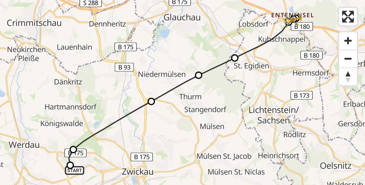 Flugroute Rettungshubschrauber ADAC Air Rescue Station Zwickau Hubschrauberlandeplatz - Callenberg, 27 Juni 2026, 10:05