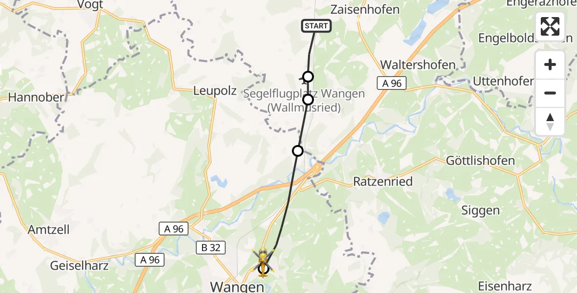 Flugroute Rettungshubschrauber Kißlegg - Westallgäu Clinic Wangen Hubschrauberlandeplatz, 27 Juni 2026, 10:05