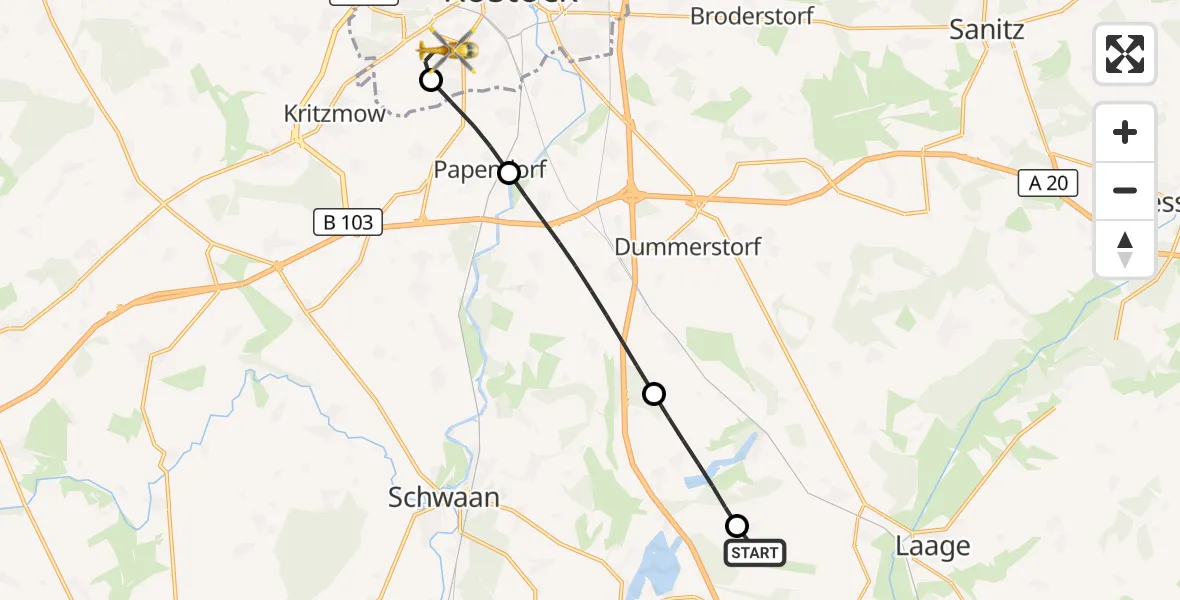 Flugroute Rettungshubschrauber Flughafen Rostock-Laage - Rostock, 27 Juni 2026, 10:08