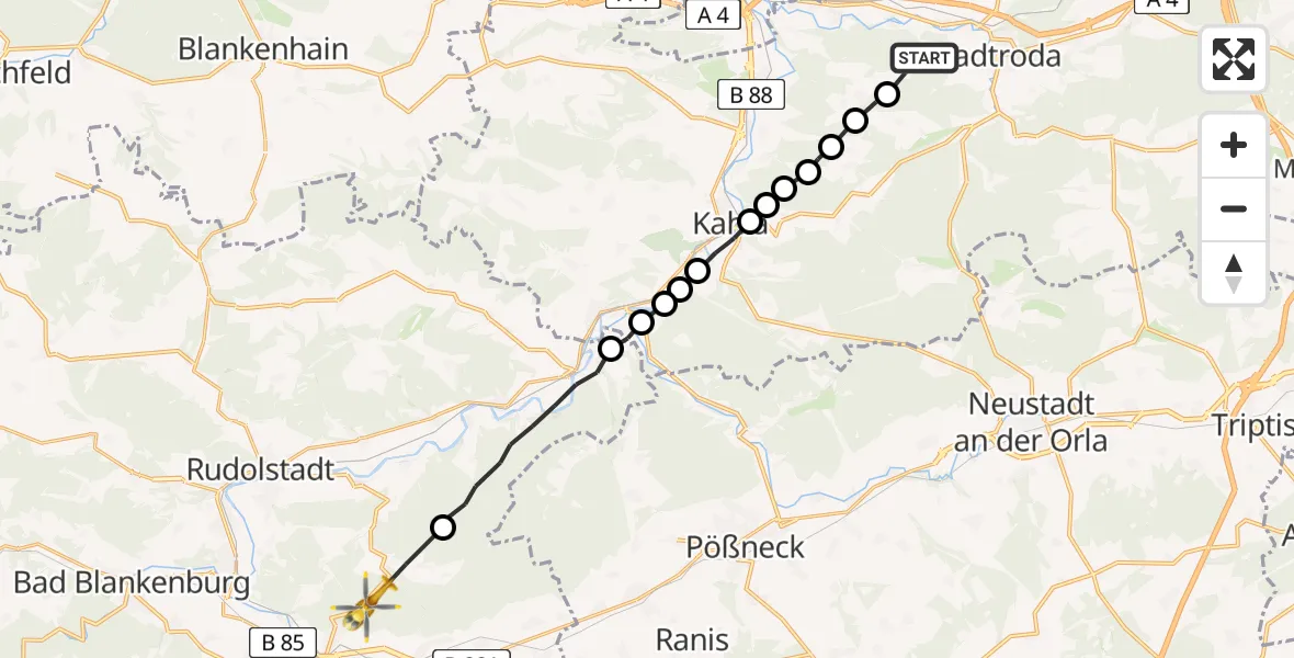 Flugroute Rettungshubschrauber Rausdorf - Unterwellenborn, 27 Juni 2026, 10:12