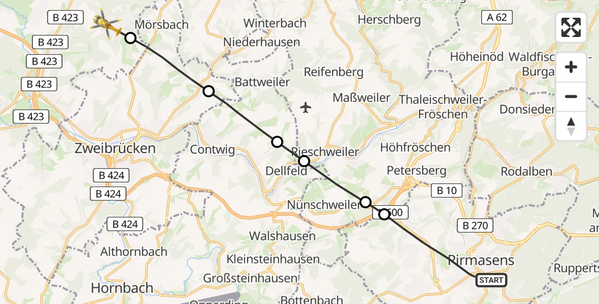 Flugroute Rettungshubschrauber Pirmasens - Homburg, 27 Juni 2026, 10:12