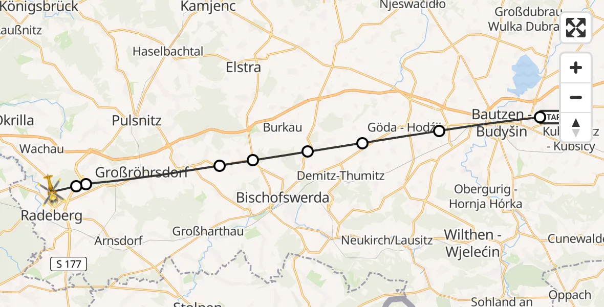 Flugroute Rettungshubschrauber Kubschütz - Radeberg, 27 Juni 2026, 10:12