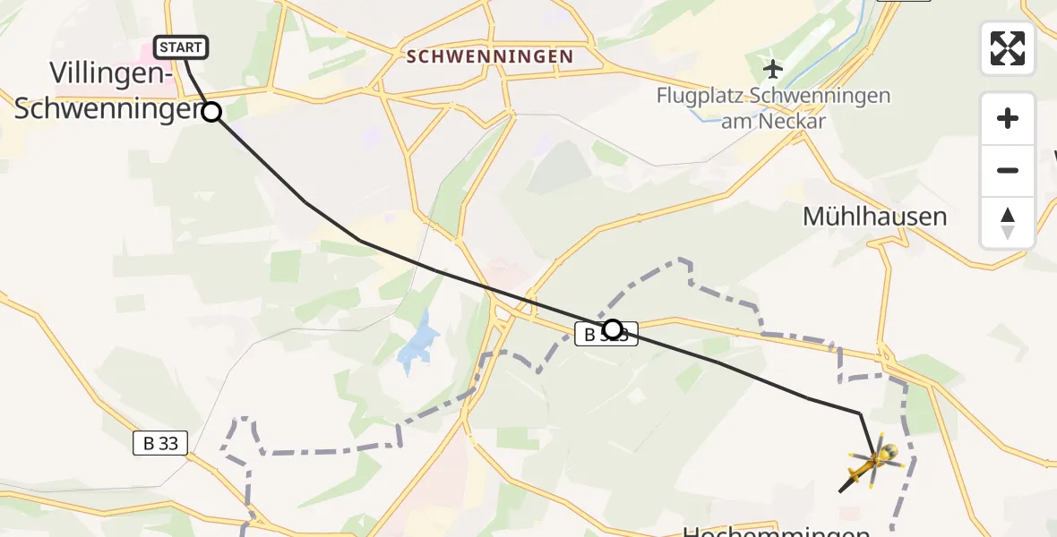 Flugroute Ambulanzhubschrauber DRF Air Rescue Station Villingen-Schwenningen Hubschrauberlandeplatz (Christoph 11) - Bad Dürrheim, 27 Juni 2026, 10:14