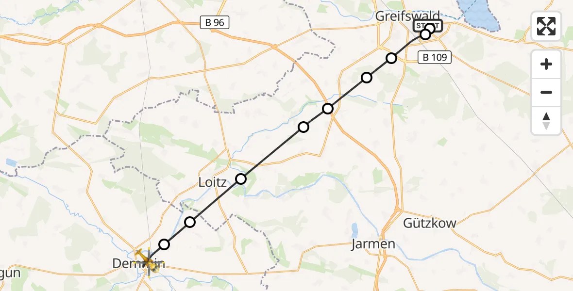 Flugroute Rettungshubschrauber Greifswald Hospital - Demmin, 27 Juni 2026, 10:16