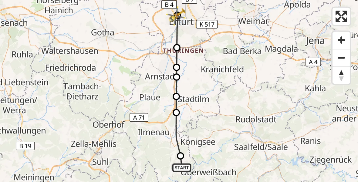 Flugroute Rettungshubschrauber Großbreitenbach - Helios Clinic Erfurt, 27 Juni 2026, 10:18