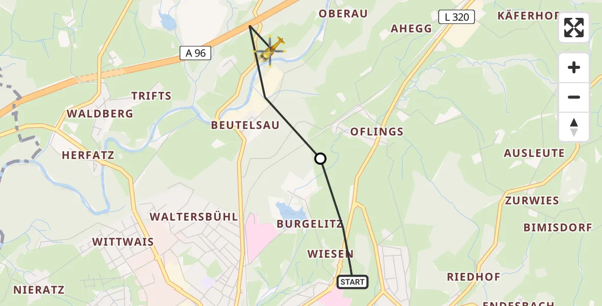 Flugroute Rettungshubschrauber Westallgäu Clinic Wangen Hubschrauberlandeplatz - Wangen im Allgäu, 27 Juni 2026, 10:22