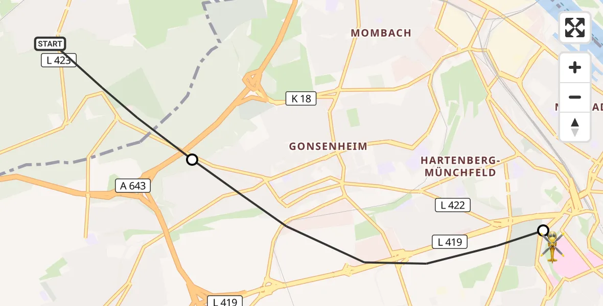 Flugroute Rettungshubschrauber Budenheim - Mainz University Hospital, 27 Juni 2026, 10:23