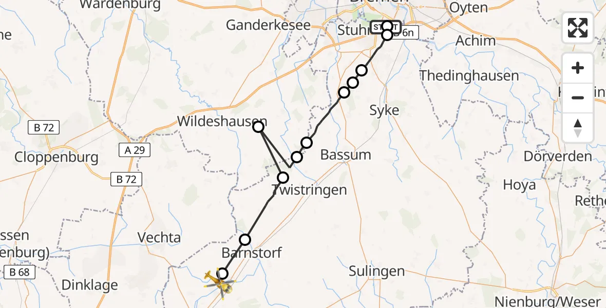 Flugroute Rettungshubschrauber ADAC Air Rescue Station Bremen Hubschrauberlandeplatz (Christoph 6) - Drebber, 27 Juni 2026, 10:31