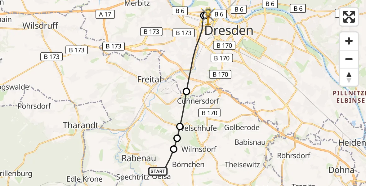 Flugroute Rettungshubschrauber Rabenau - Dresden Friedrichstadt Hospital, 27 Juni 2026, 10:33