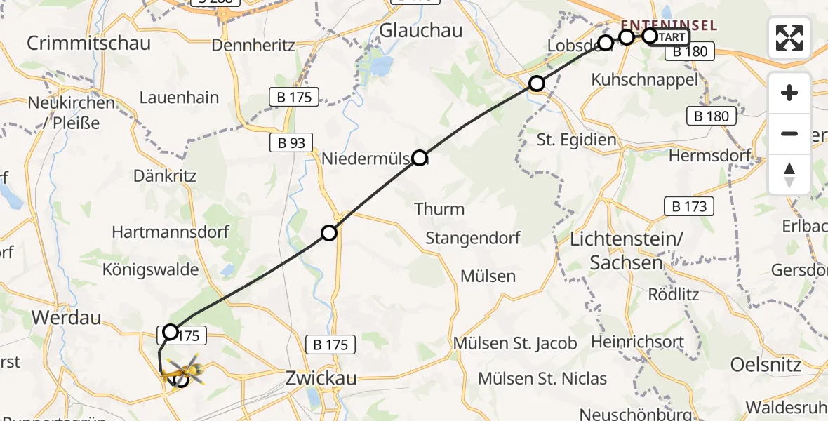 Flugroute Rettungshubschrauber Callenberg - ADAC Air Rescue Station Zwickau Hubschrauberlandeplatz, 27 Juni 2026, 10:34