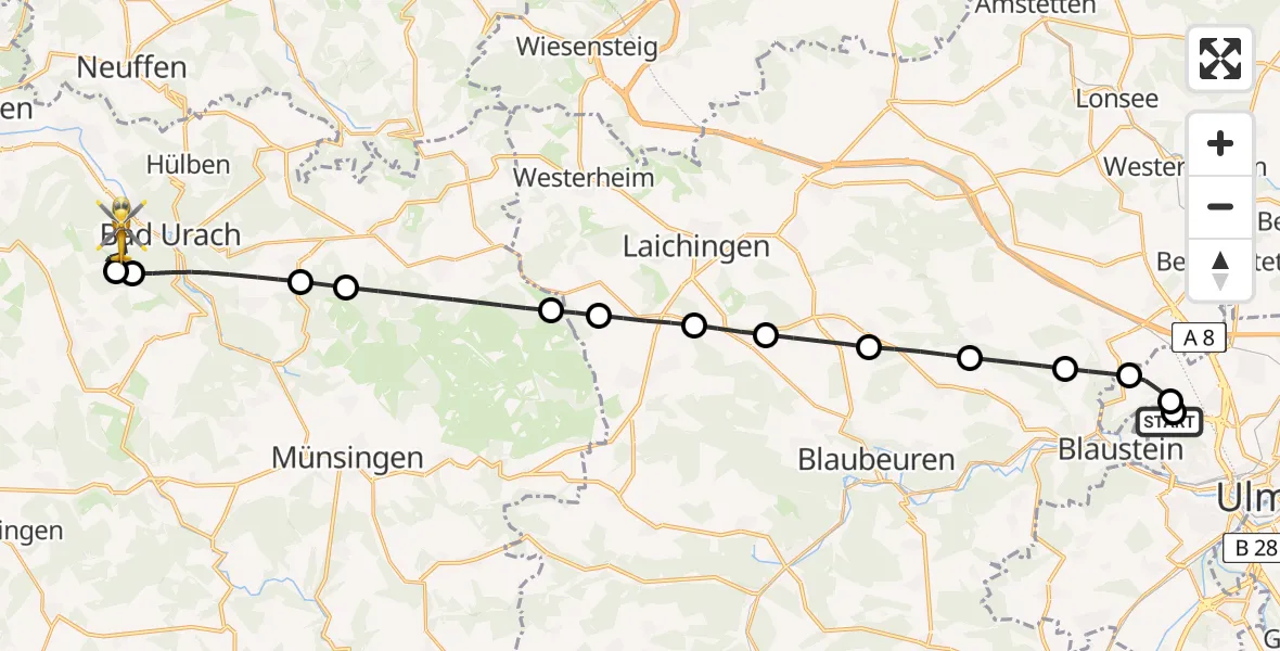 Flugroute Rettungshubschrauber Ulm Military Hospital Emergency - Bad Urach, 27 Juni 2026, 10:38