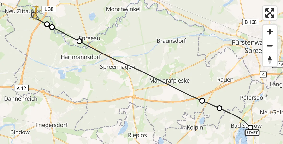 Flugroute Rettungshubschrauber Bad Saarow Hospital - Gosen-Neu Zittau, 27 Juni 2026, 10:42