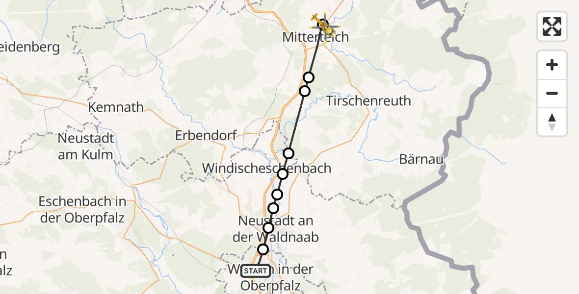 Flugroute Rettungshubschrauber Weiden i.d.OPf. - Leonberg, 27 Juni 2026, 10:42