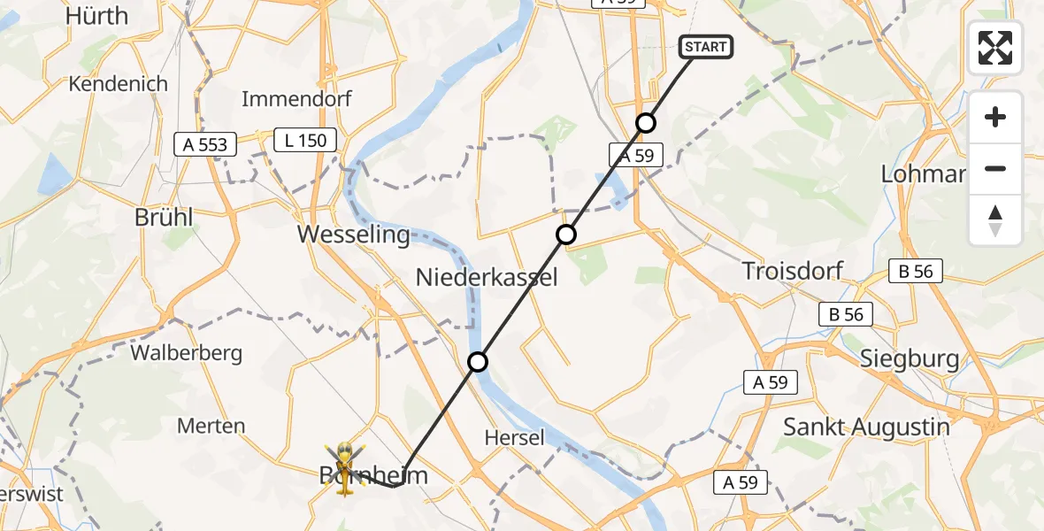 Flugroute Ambulanzhubschrauber Köln Bonn Flughafen - Bornheim, 27 Juni 2026, 10:45