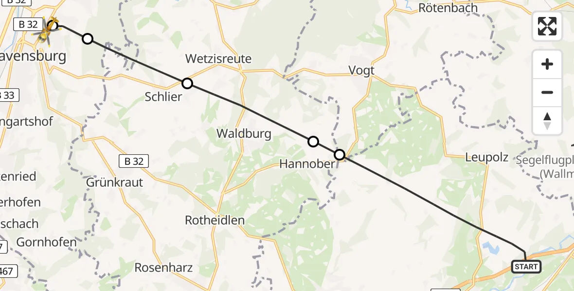 Flugroute Rettungshubschrauber Wangen im Allgäu - Sankt Elisabeth Hospital, 27 Juni 2026, 10:47