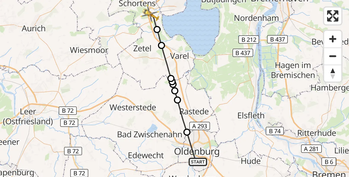 Flugroute Rettungshubschrauber Oldenburg (Oldb) - Sande, 27 Juni 2026, 10:53
