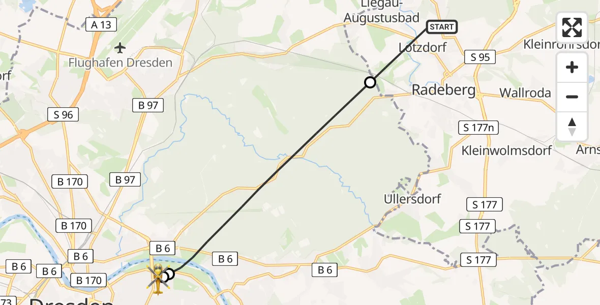Flugroute Rettungshubschrauber Radeberg - Dresden University Hospital, 27 Juni 2026, 10:58