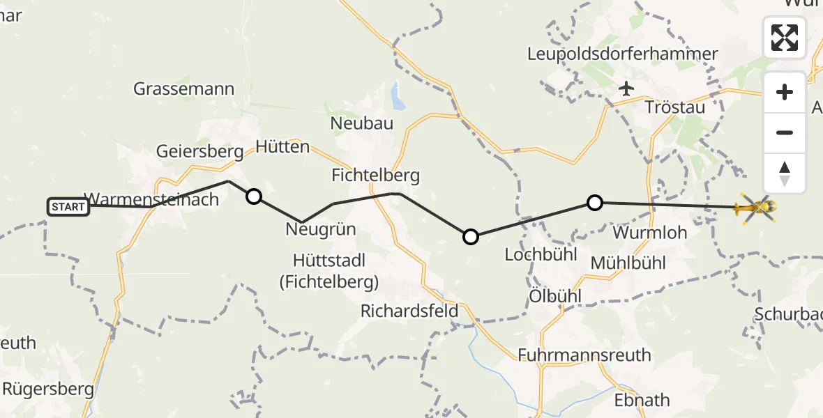 Flugroute Rettungshubschrauber Warmensteinach - Tröstauer Forst-Ost, 27 Juni 2026, 11:01