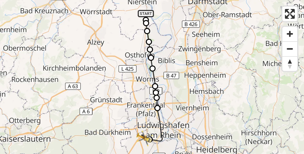 Flugroute Rettungshubschrauber Dienheim - Mutterstadt, 27 Juni 2026, 11:02