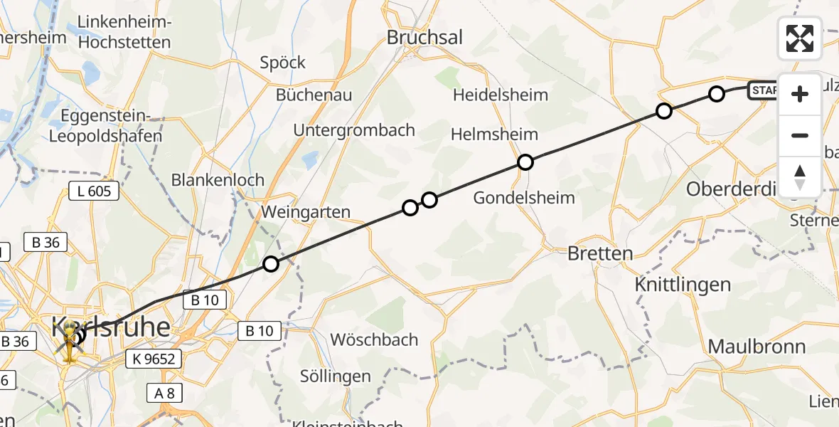 Flugroute Ambulanzhubschrauber Zaisenhausen - Sankt Vincentius Hospital, 27 Juni 2026, 11:02