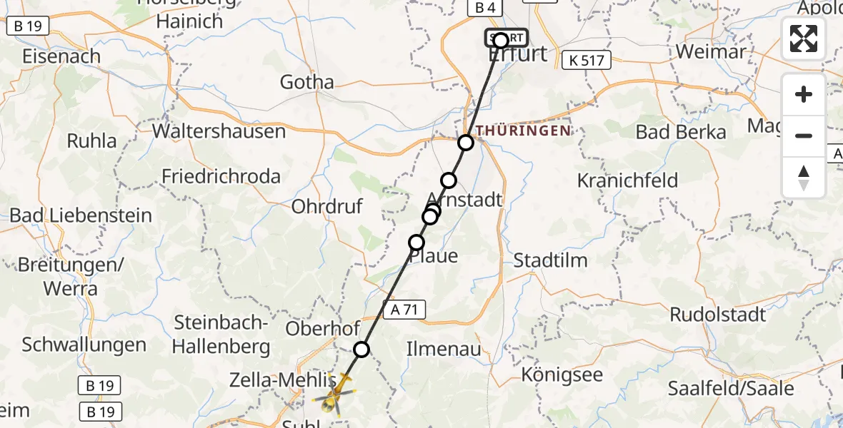 Flugroute Rettungshubschrauber Helios Clinic Erfurt - Suhl, 27 Juni 2026, 11:04
