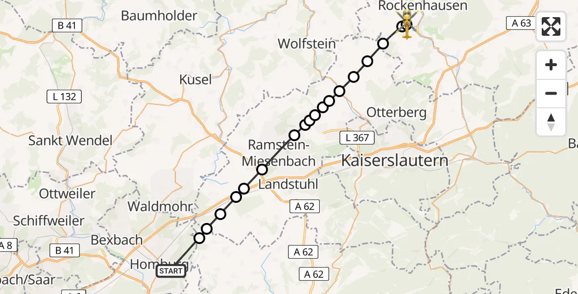 Flugroute Rettungshubschrauber Homburg - Imsweiler UL, 27 Juni 2026, 11:08