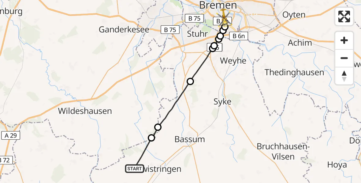 Flugroute Rettungshubschrauber Twistringen - Bremen, 27 Juni 2026, 11:08