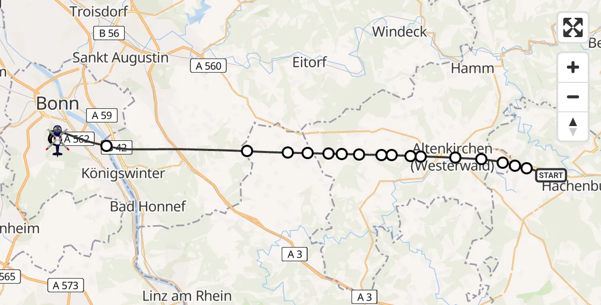 Flugroute Polizeihubschrauber Hattert - Bonn University Hospital, 27 Juni 2026, 11:08
